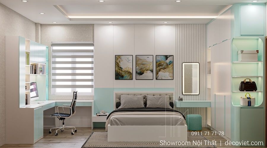 Thiết kế phòng ngủ màu trắng xanh hiện đại tại Nhà Bè