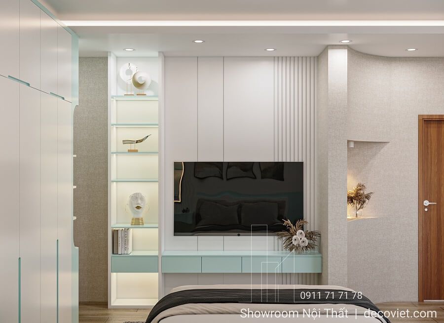 Kệ tivi phòng ngủ hiện đại với ánh sáng tự nhiên