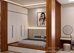 Giường ngủ hiện đại với vách ngăn gỗ tại Nhà Bè