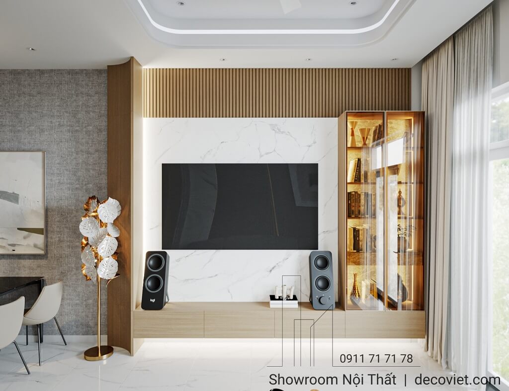 Kệ tivi phòng khách kết hợp tủ decor đèn led sang trọng
