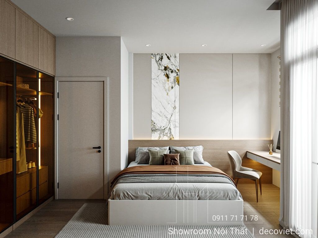 Phòng ngủ nhà phố Gò Vấp 120m2 2PN hiện đại với giường ngủ và bàn làm việc cạnh cửa sổ