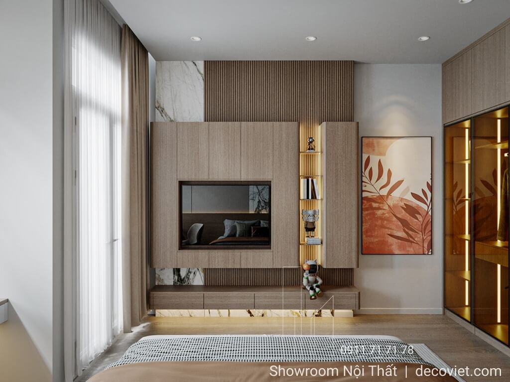 Kệ tivi và tủ trang trí trong phòng ngủ nhà phố Gò Vấp hiện đại