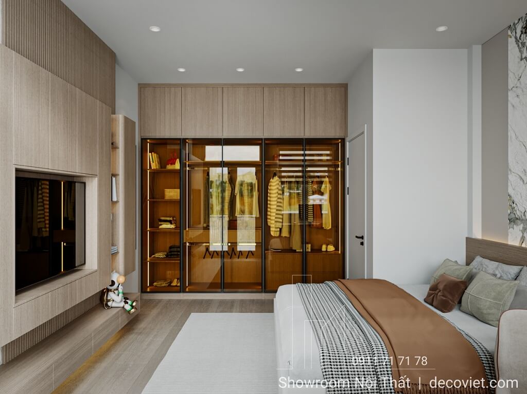 Tủ quần áo kính cánh lùa hiện đại trong phòng ngủ nhà phố Gò Vấp 120m2