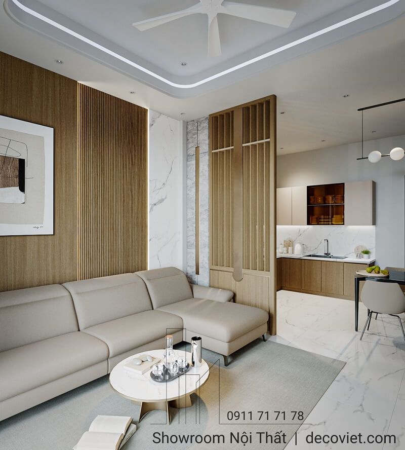 Thiết kế nội thất nhà phố tại Gò Vấp hiện đại – phòng khách liền bếp
