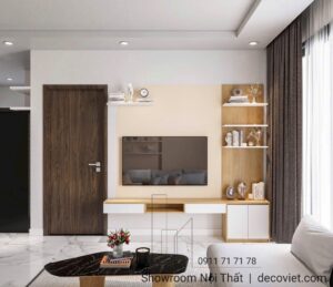 Nội thất phòng khách Opal Boulevard 2PN với kệ tivi gỗ công nghiệp hiện đại.