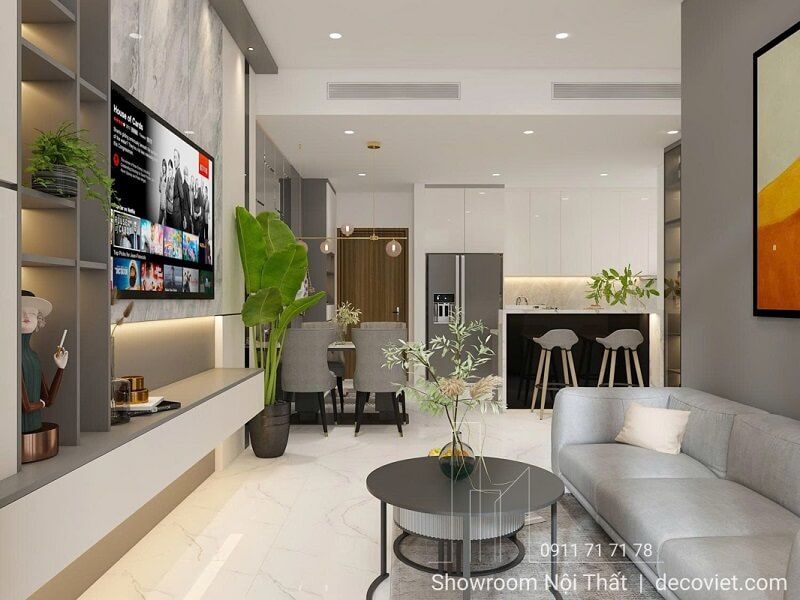 Thiết kế phòng khách và bếp chung cư 2 phòng ngủ hiện đại sang trọng
