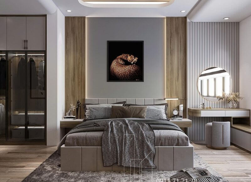Thiết kế phòng ngủ master hiện đại tinh tế với giường lớn và tranh treo tường nghệ thuật