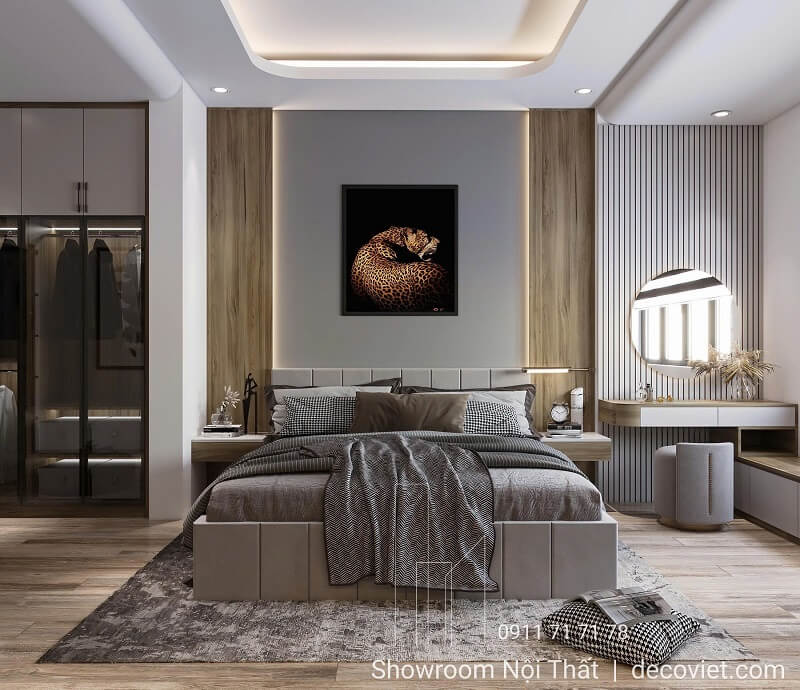 Nội thất phòng ngủ hiện đại tinh tế với giường lớn và tranh treo tường nghệ thuật
