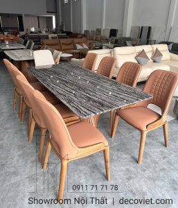 Bàn Ăn Chân Gỗ Mặt Đá 8 Ghế 2443S