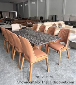 Bàn Ăn Chân Gỗ Mặt Đá 8 Ghế 2443S