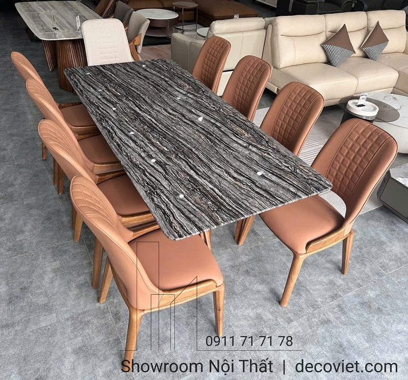 Bàn Ăn Chân Gỗ Mặt Đá 8 Ghế 2443S