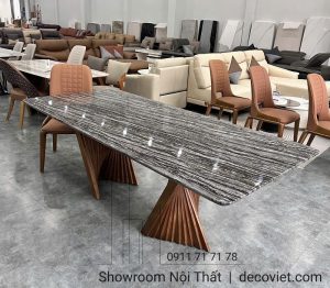 Bàn Ăn Chân Gỗ Mặt Đá 8 Ghế 2443S