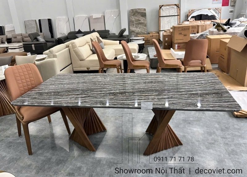 Bàn Ăn Chân Gỗ Mặt Đá 8 Ghế 2443S