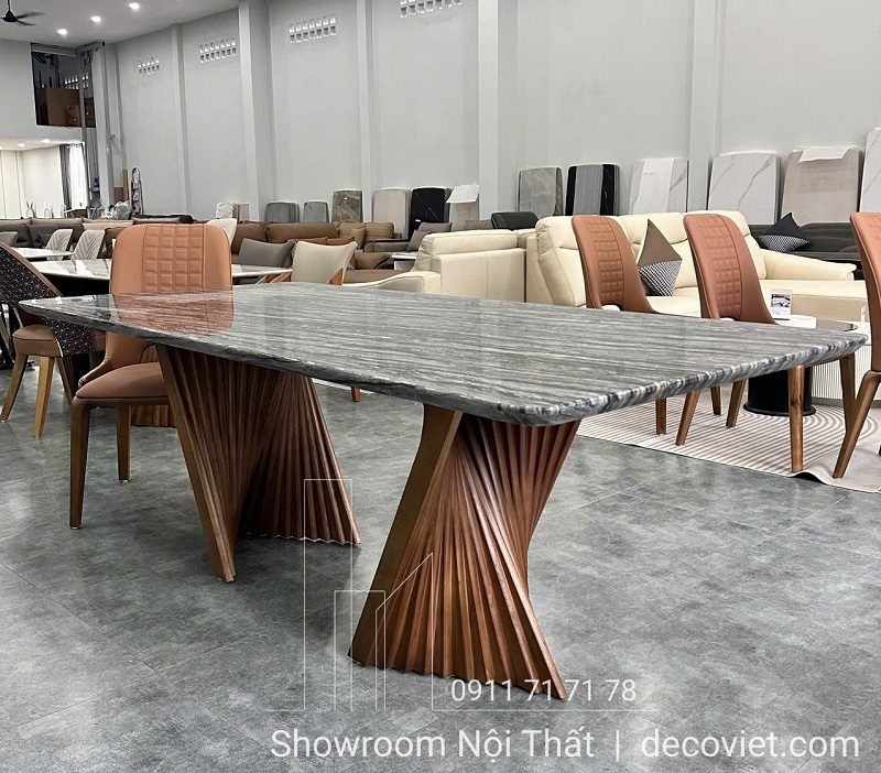 Bàn Ăn Chân Gỗ Mặt Đá 8 Ghế 2443S