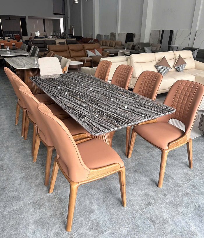 Bàn Ăn Chân Gỗ Mặt Đá 8 Ghế 2443S
