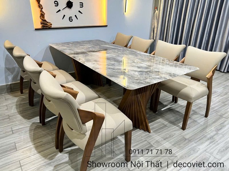Bàn Ăn Chân Gỗ Mặt Đá 8 Ghế 2465S
