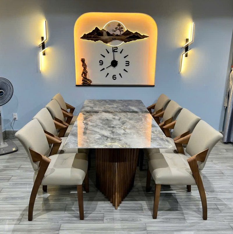 Bàn Ăn Chân Gỗ Mặt Đá 8 Ghế 2465S