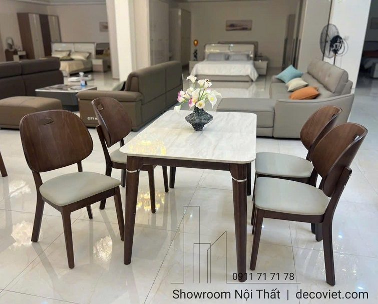 Bàn Ăn Mặt Đá Chân Gỗ 4 Ghế 2744S
