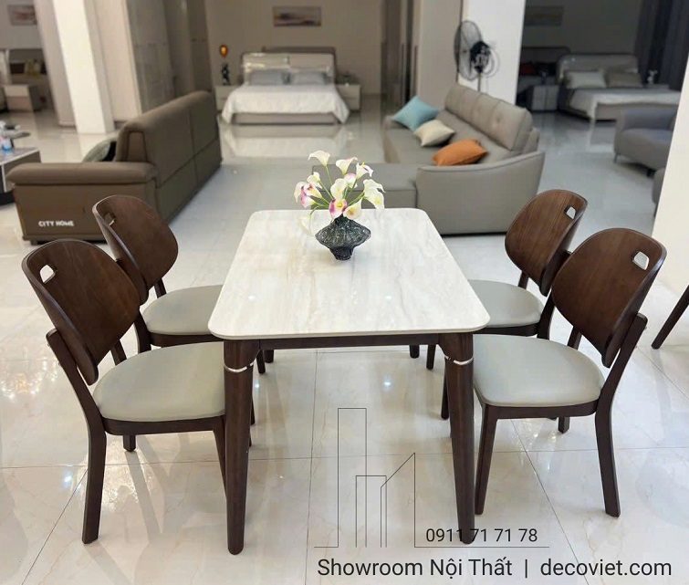 Bàn Ăn Mặt Đá Chân Gỗ 4 Ghế 2744S