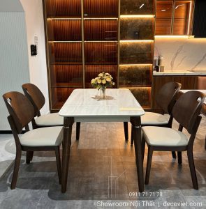 Bàn Ăn Mặt Đá Chân Gỗ 4 Ghế 2744S