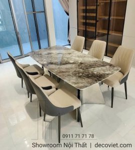 Bàn Ăn Mặt Đá Chân Inox 6 Ghế 2468S