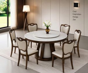 Bàn Ăn Tròn Gỗ Mặt Đá 6 Ghế 3000S