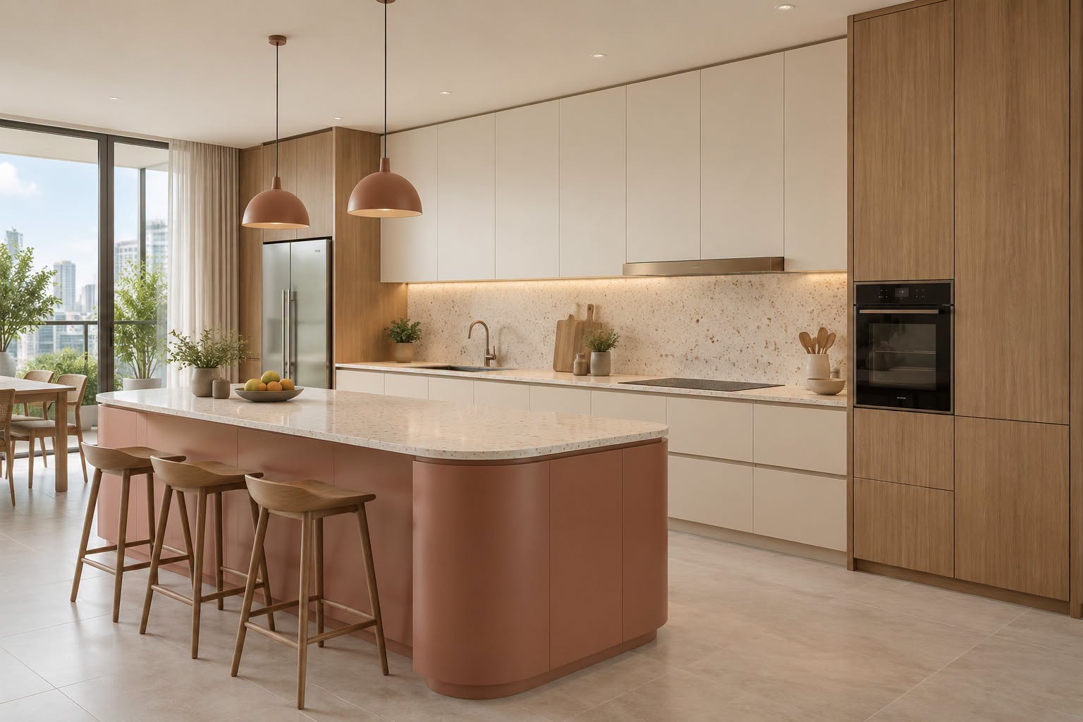 Sofa vải xám và bàn trà gỗ tròn trước bức tường xi măng