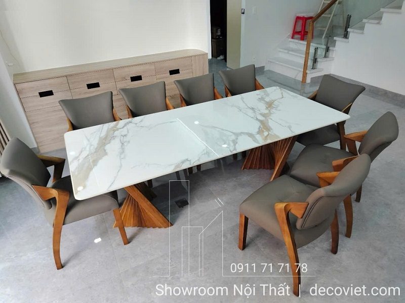 Bộ Bàn Ăn Gỗ 8 Ghế Mặt Đá 2464S