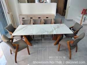 Bộ Bàn Ăn Gỗ 8 Ghế Mặt Đá 2464S