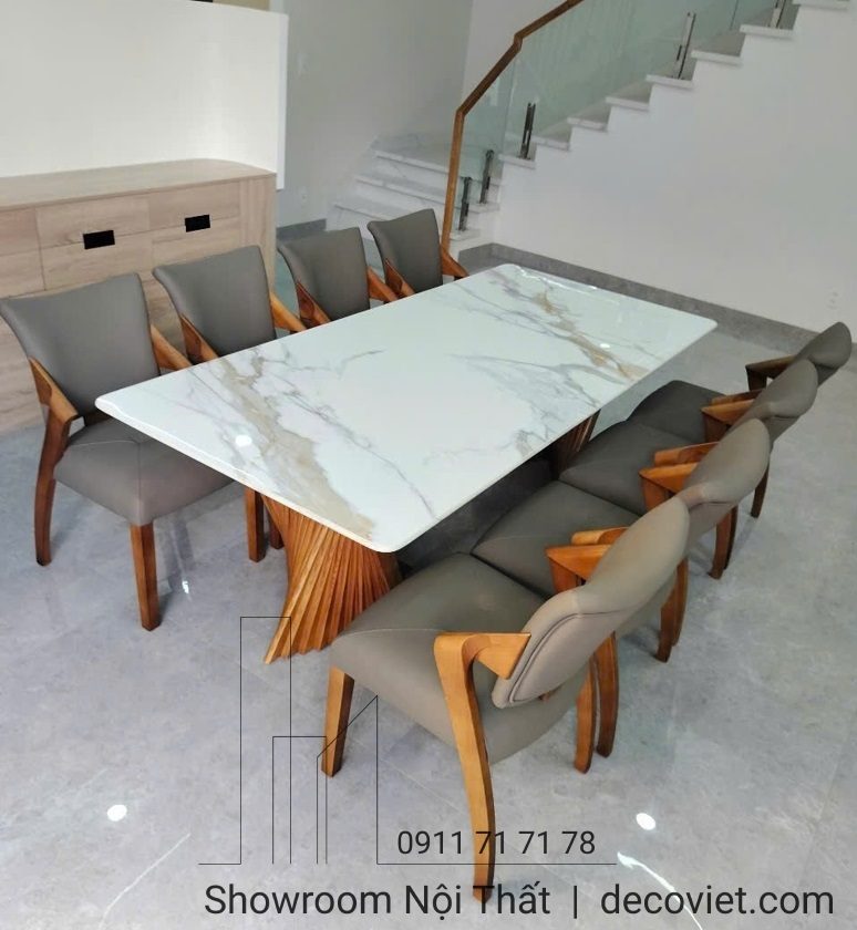 Bộ Bàn Ăn Gỗ 8 Ghế Mặt Đá 2464S