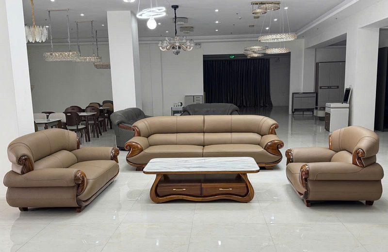 Bộ Sofa Gỗ Mun Da Bò Ý Cao Cấp 1106T